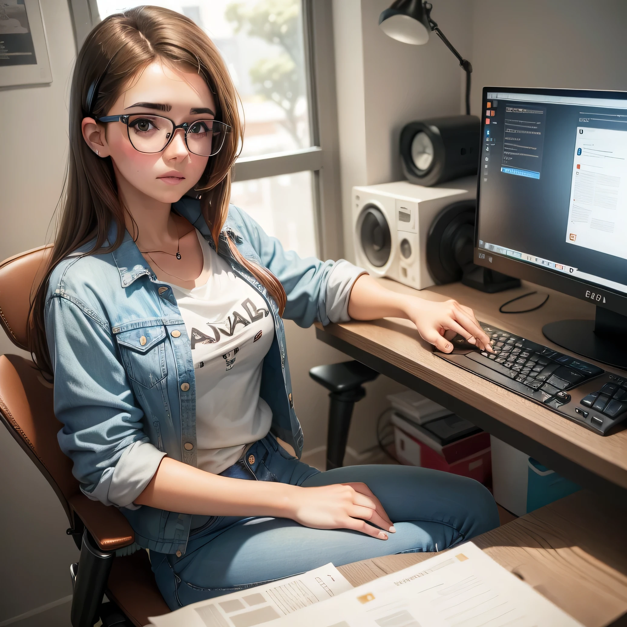 a young woman with brown hair and bespectacled and dressed in jeans, white T-shirt and denim jacket on the left side, a computer.na tela do computador a silhueta de um rosto de mulher.