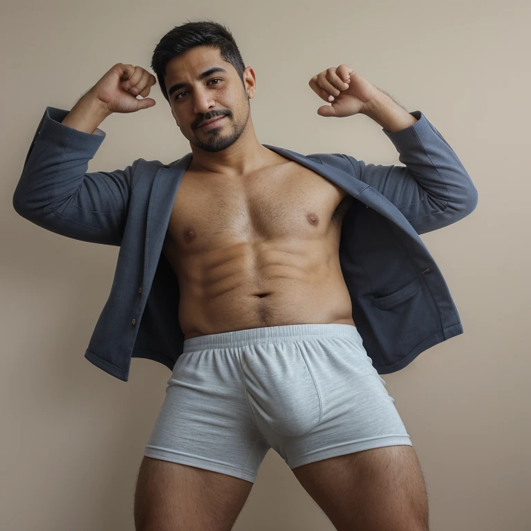 Profesor guapo latino, en boxers, con bulto grande en la entrepierna