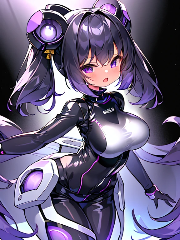 very detailed、masterpiece、high quality、one high school girl、************、****、(black and white space suit、accent)、front zipper、(Futuristic, Tight Fit Bodysuit)、headphone、Cyberpunk space station interior background、(colorful purple hair),ロングtwin tails, (pink eyes), change,twin tails,sassy change，cheey change，mesugaki,girl,天才girl、(big breast):1.0,(blush):1.1、halo、