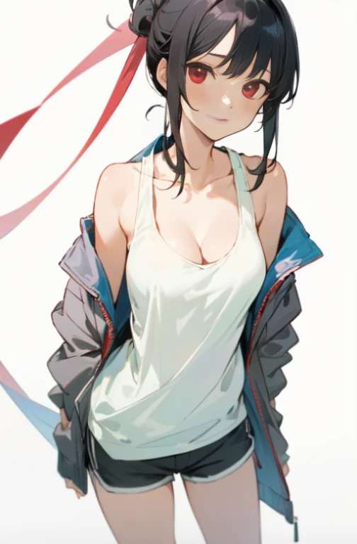 (((masterpiece))), red eyes, 1 girl, alone, looking at the viewer, chignon, black hair, long sleeve, cleavage, medium breasts, closed mouth, clavicle, Jacket, white tank top, open Jacket, black Jacket, shorts,Expressionless,Two-dimensional beautiful girl,anime beautiful girl