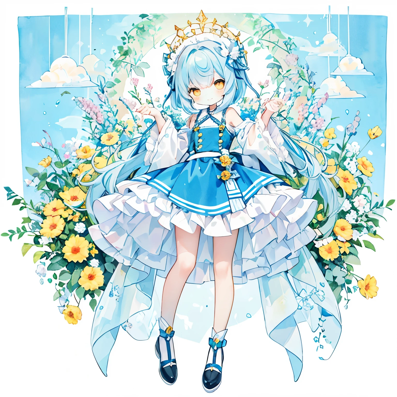 Transparent watercolors,girls,jewel eyes,beautiful arrangements and motifs,originality , Fantastic, beautiful, transparent, light blue hair (single braid), orange eyes, white clothes, cute clothes, girly clothes, lace, frills, light blue ribboned clothes, buttons, frill shirts, bulging sleeves, background yellow , small petals , cute pose , full body illustrations , white and light blue image , pretty smile , bright girl, Cute shoes, shoes with ribbons, full body illustrations, cute pose