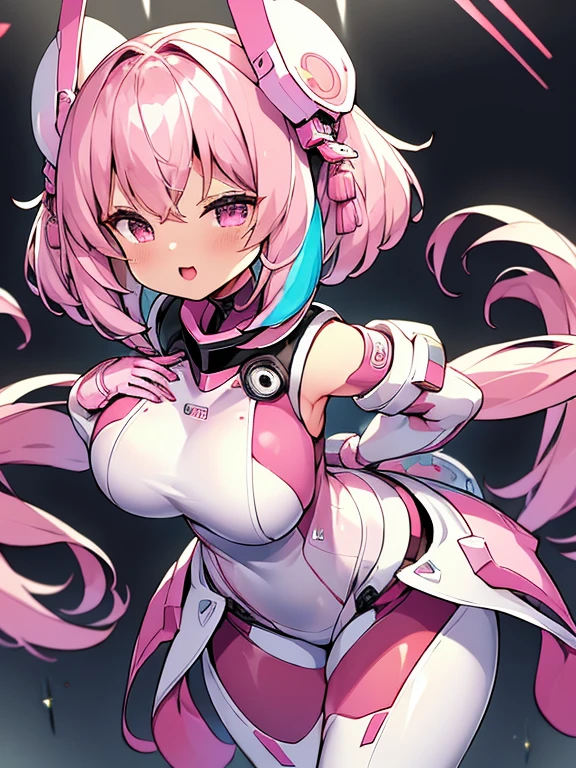 very detailed、masterpiece、high quality、one high school girl、12 years old、Loli、(white and pink space suit)、front zipper、(Futuristic, Tight Fit Bodysuit)、headphone、Cyberpunk space station interior background、(colorful pink hair),ロングtwin tails, (pink eyes), change,twin tails,sassy change，cheey change，mesugaki,girl,天才girl、(big breast):1.0,(blush):1.1、halo、