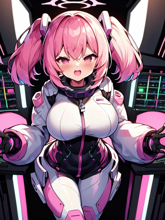 very detailed、masterpiece、high quality、one high school girl、12 years old、Loli、(white and pink space suit)、front zipper、(Futuristic, Tight Fit Bodysuit)、headphone、Cyberpunk space station interior background、(colorful pink hair),ロングtwin tails, (pink eyes), change,twin tails,sassy change，cheey change，mesugaki,girl,天才girl、(big breast):1.0,(blush):1.1、halo、