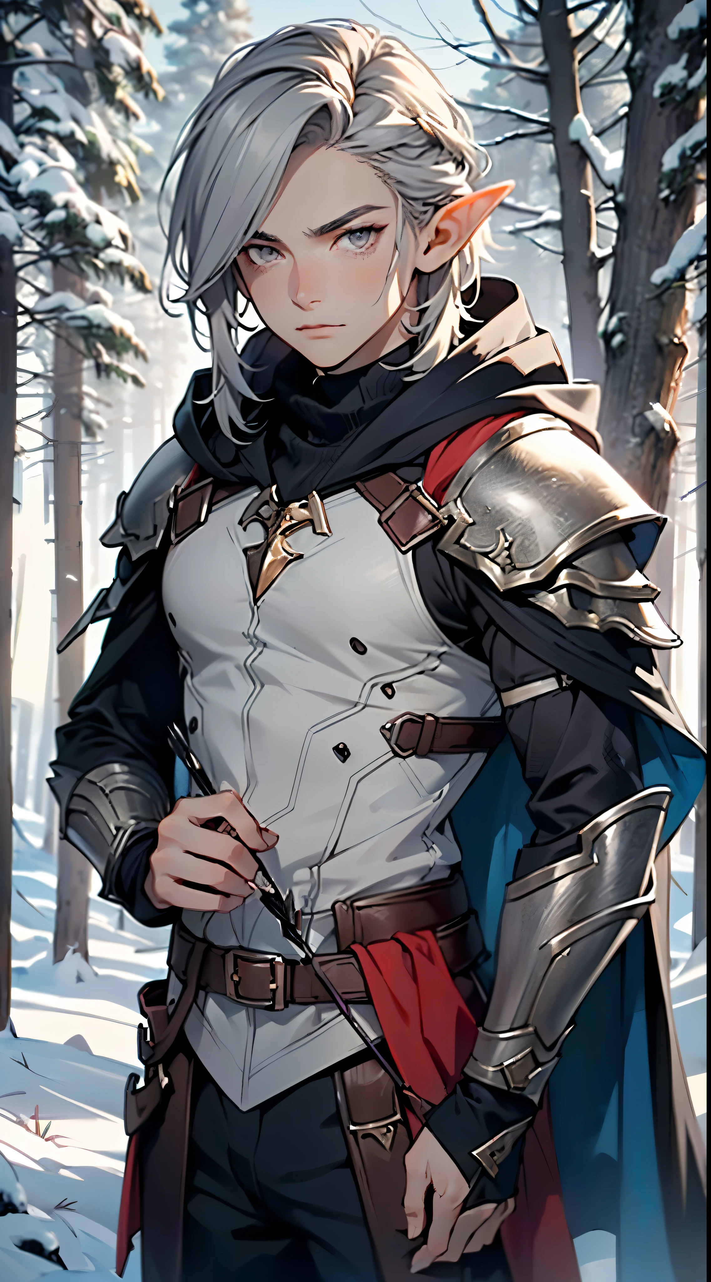 dark elf male,male:1.5,1 male, (male,muscle,1 boy, 1 boy,breast,male breast,Muscular), 25 year old male,young,((1male,1 male,1male,male,male gender :1.5,handsome male,male focus)),(((elf))), (((elf ears))), high elf, light elf, pointed ears, (((pale_grey_eyes:1.3))), difficult eyes ,beautiful detailed eyes,symmetrical eyes,(bright skin),dyed hair,gradient from black to white young handsome male,perfect body,perfect face,((Detailed face)), expressive eyes,serious face,(ultra detailed:1.3), beautiful detailed glow, finely detailed, ultra detailed, (light armour, coat, thermal underwear, archer, ranger, (violet e.g with hood: 1.2, violet_e.g, hood)),((difficult outfit,difficult clothes)),((quiver of arrows :1.5,quiver of arrows:1.5)), (dynamic pose:1.0),mocking serious attitude,(Centered,scaled to size,Rule of thirds), ((snowy pine forest at night)),with dark storm clouds,winter,landse.g:1.25 ,((Snowy forest background)),Christmas tree,a high resolution,Sharp Focus,(ultra detailed,extremely detailed),(photorealistic work:1.37),(extremely detailed CG unity 8k wallpaper),(((bright colors,A striking theme ))),(difficult),(masterpiece),(Best quality),