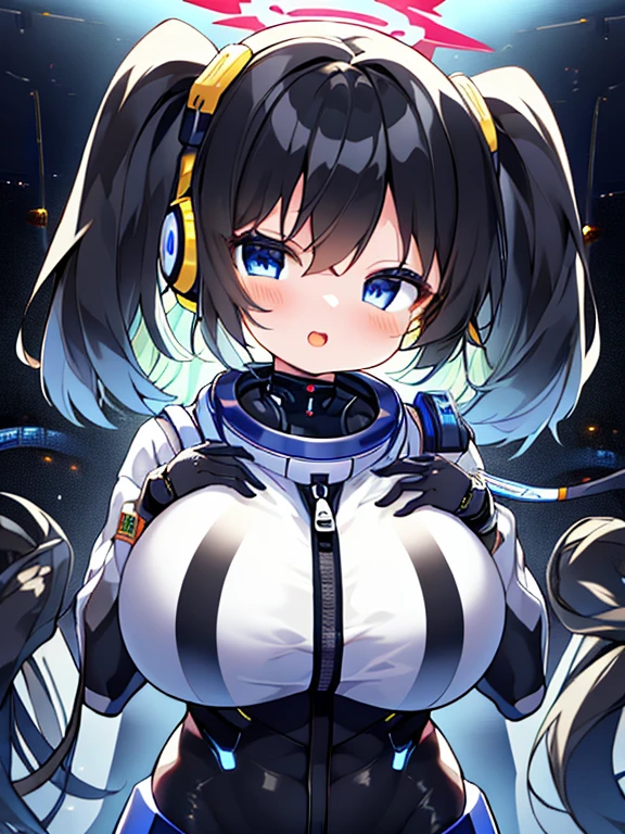 very detailed、masterpiece、high quality、one high school girl、、Loli、(black and white space suit、accent)、front zipper、(Futuristic, Tight Fit Bodysuit)、headphone、Cyberpunk space station interior background、(colorful golden hair),ロングtwin tails, (blue eyes), change,twin tails,sassy change，cheey change，mesugaki,girl,天才girl、(big breast):1.0,(blush):1.1、halo、