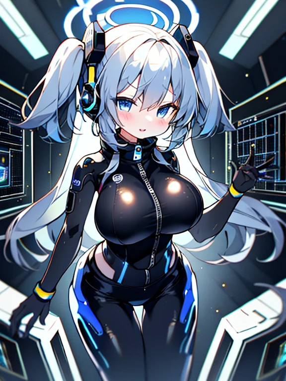 very detailed、masterpiece、high quality、one high school girl、12 years old、Loli、(black and white space suit、accent)、front zipper、(Futuristic, Tight Fit Bodysuit)、headphone、Cyberpunk space station interior background、(colorful golden hair),ロングtwin tails, (blue eyes), change,twin tails,sassy change，cheey change，mesugaki,girl,天才girl、(big breast):1.0,(blush):1.1、halo、