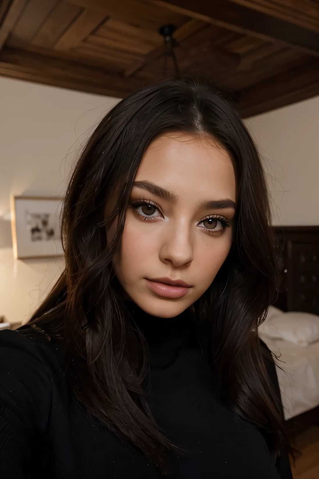 Arafed woman with attractive black clothes, fille sexy aux yeux bruns, Portrait Sophie Mudd, cheveux noirs et grands yeux, selfie of a young woman, Yeux de chambre, Violet Myers, sans maquillage, maquillage naturel, looking straight at camera, Visage avec Artgram, Maquillage subtil, dans un toit , clivage, hispanic