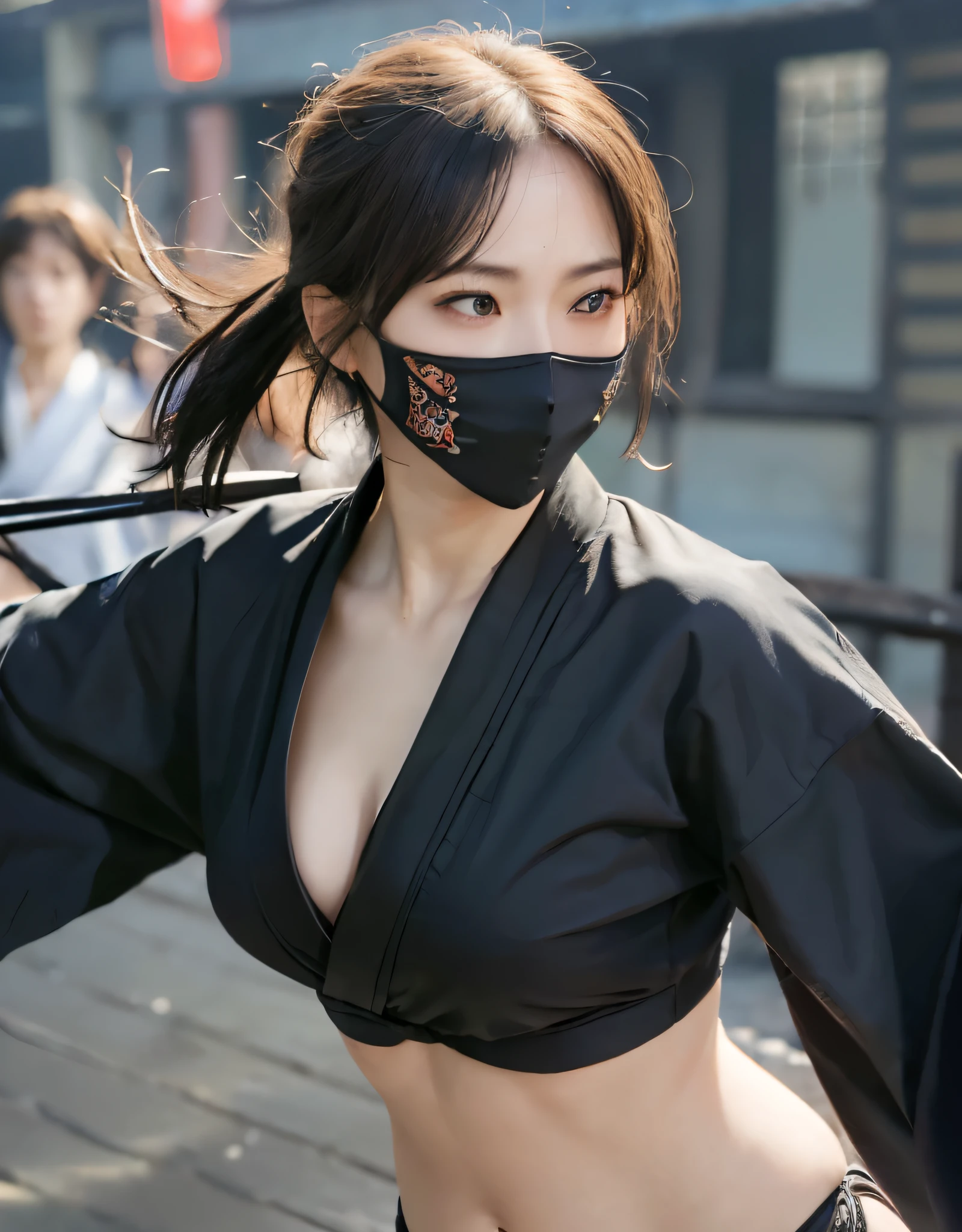 ((female ninja))、(highest quality、8K、32K、masterpiece、ultra high resolution、nffsw:1.3)、(japanese idol:1.3)、1 girl、(big breasts:1.25)、(short hair)、abs、perfect body、((Takan Ninja)), delicate features, surreal, surreal, clavicle、Shadow、octane rendering、(((Mystical expression))),((Wearing a revealing kimono beautifully)),highly detailed face、detailed lips、finely tuned、double eyelid、(Charm)、((mix:1.5))、maikurobikini、((belly button))、armpit、、intricate decorative details、Japan details、very intricate details、realistic light、Trends in CG society、((female ninja)),Kunoichi Ninja、Throw shurikens、Japan holding a sword、Mystical expression、shrine background、Japanese old townscape、((heavy chest)),(((Fierce battles with ninjas))),(((2 stocks))),high contrast、(((whole body angle))),colorful kimono、