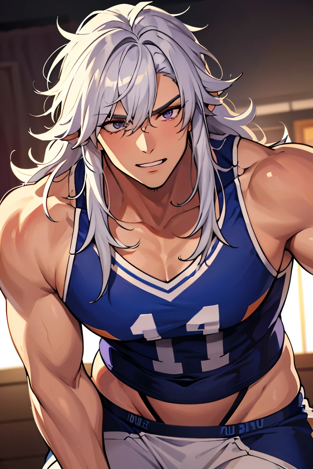 1 man with long curly white hair, silver hair, messy bangs, Sunkissed tan skin, purple magenta eyes, handsome, gloves, earrings, veins on arms and hands, sweaty skin, American football player, tight football uniform, on football field, white happy trail, big pectorals, abs, plump ass, narrow waist, Cinematic lighting, hyper HD, close up, bust up, Masterpiece, High details, ((sexy dynamic pose))