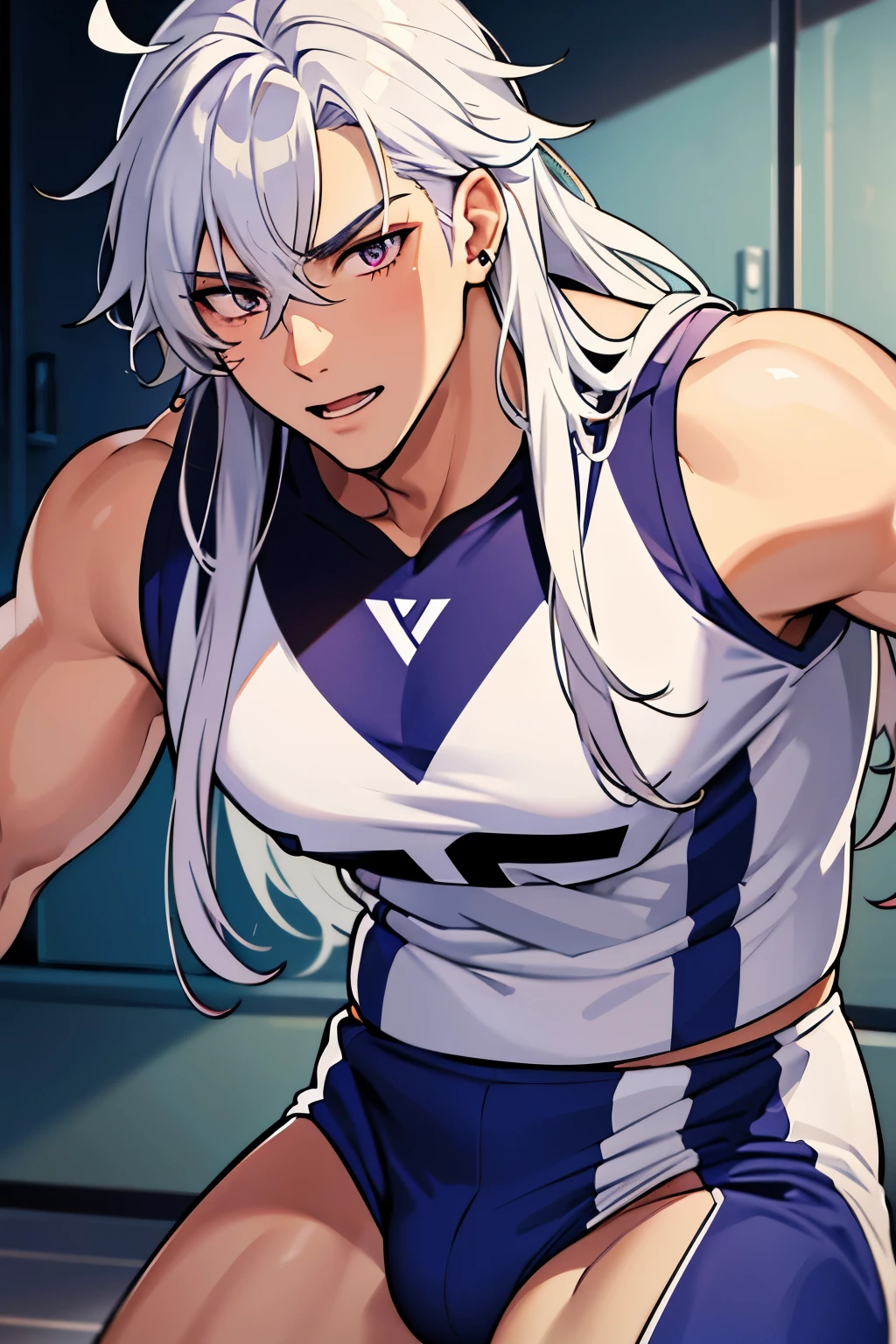 1 man with long curly white hair, silver hair, messy bangs, Sunkissed tan skin, purple magenta eyes, handsome, gloves, earrings, veins on arms and hands, sweaty skin, American football player, tight football uniform, on football field, white happy trail, big pectorals, abs, plump ass, narrow waist, Cinematic lighting, hyper HD, close up, bust up, Masterpiece, High details, ((sexy dynamic pose))