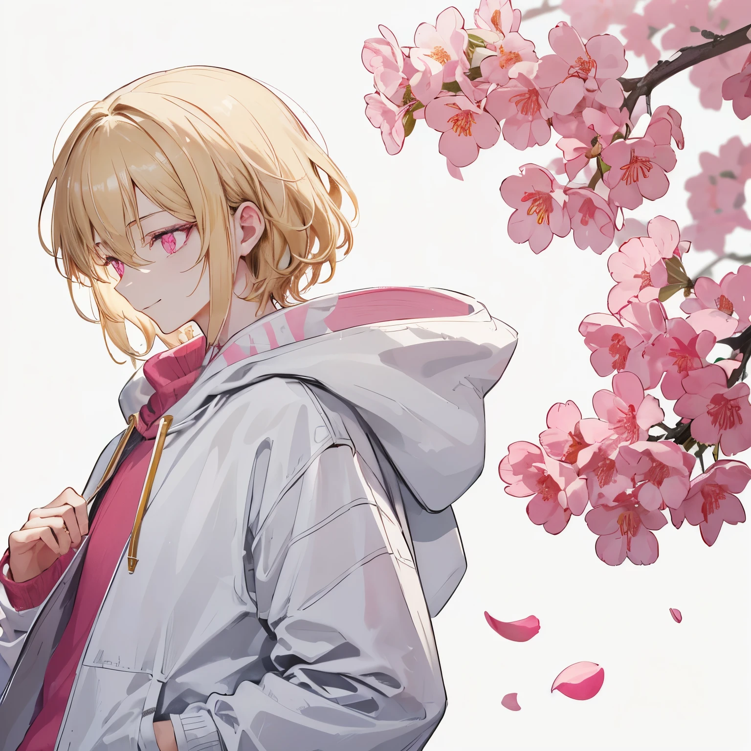 Light gold hair, white hooded jumper, white oversized jumper, cool profile, cool and handsome quiet handsome bright gold hair, super detailed photo, pink eyes, pink petals on a white background, young man, one hand touching the hair around his eyes, one hand in his pocket, a slightly troubled smile