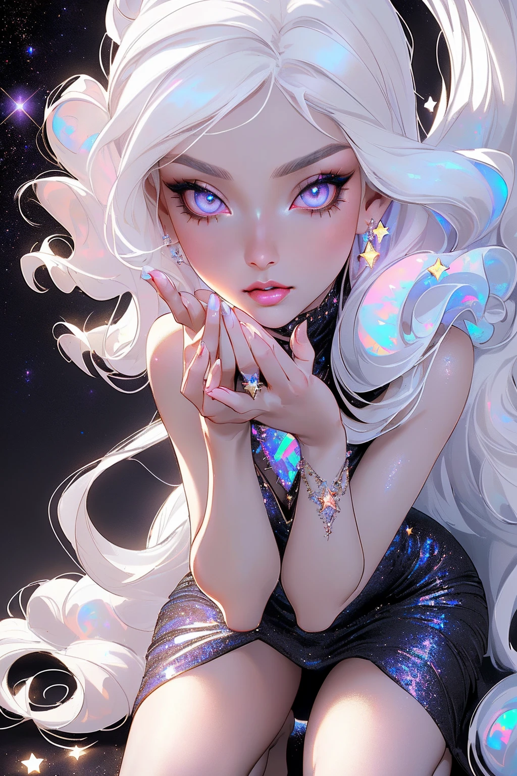 {-erro_de_anatomia:1.0} masterpiece, highest quality, (perfect face:1.1, (high detail)1.1, sweet stardust vampire , long soft white hair, opal eyes, perfectly drawn face, black dress, stars detailed background, prismatic lighting, glitter, whole bod., Very sexy, kneeling holding a star in her hands