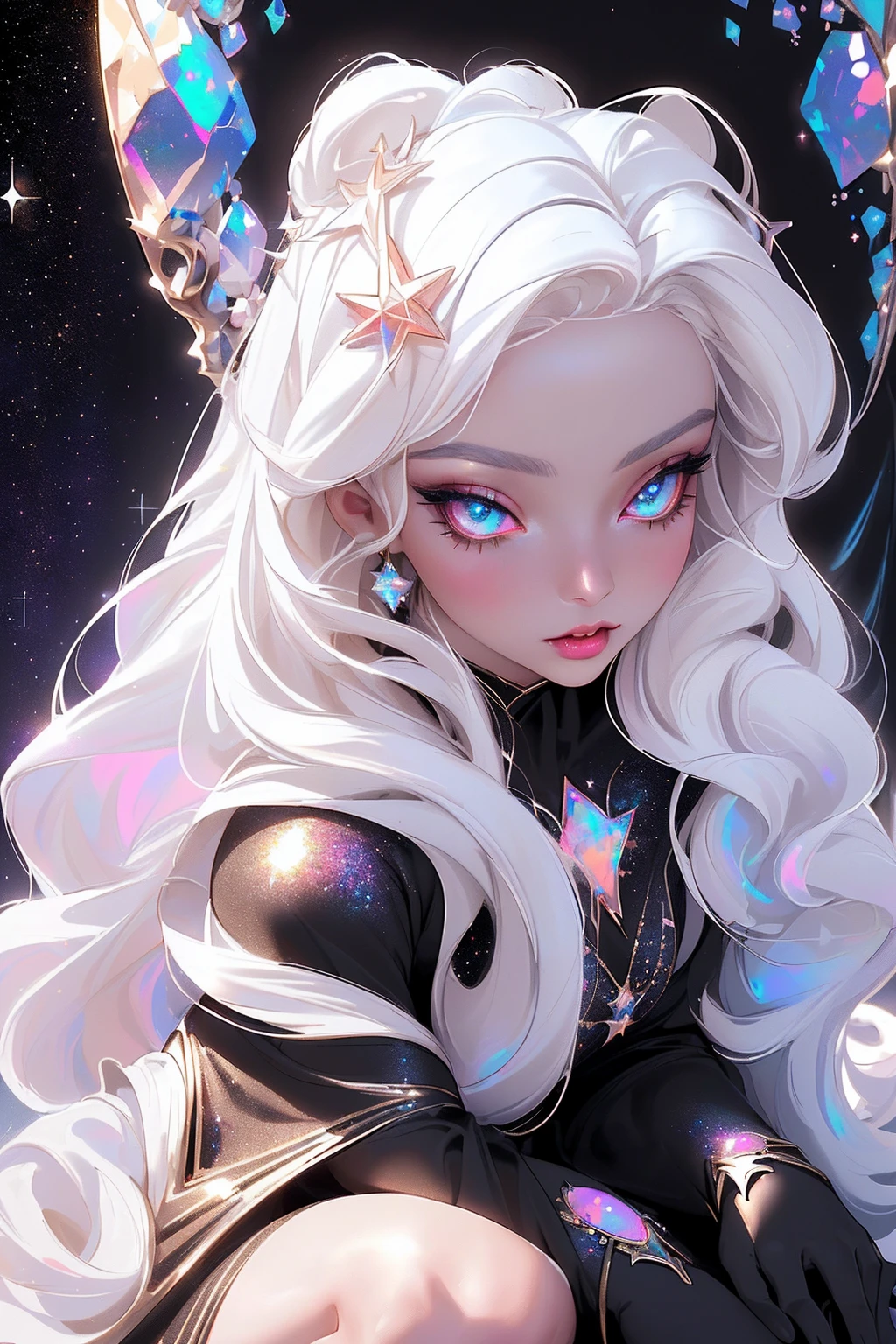 {-erro_de_anatomia:1.0} masterpiece, highest quality, (perfect face:1.1, (high detail)1.1, sweet stardust vampire , long soft white hair, opal eyes, perfectly drawn face, black dress, stars detailed background, prismatic lighting, glitter, whole bod., Very sexy, kneeling holding a star in her hands