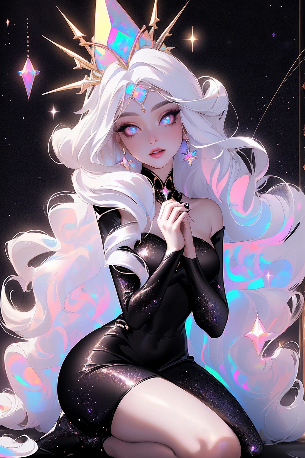 {-erro_de_anatomia:1.0} masterpiece, highest quality, (perfect face:1.1, (high detail)1.1, sweet stardust vampire , long soft white hair, opal eyes, perfectly drawn face, black dress, stars detailed background, prismatic lighting, glitter, whole bod., Very sexy, kneeling holding a star in her hands