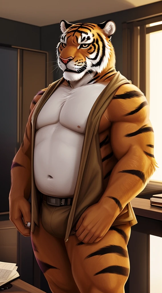 Anthro furry obese tiger standing next to
an office desk, in the style of marvel comics, handsome, detailed costumes, catcore,
white and amber, dappled, striped