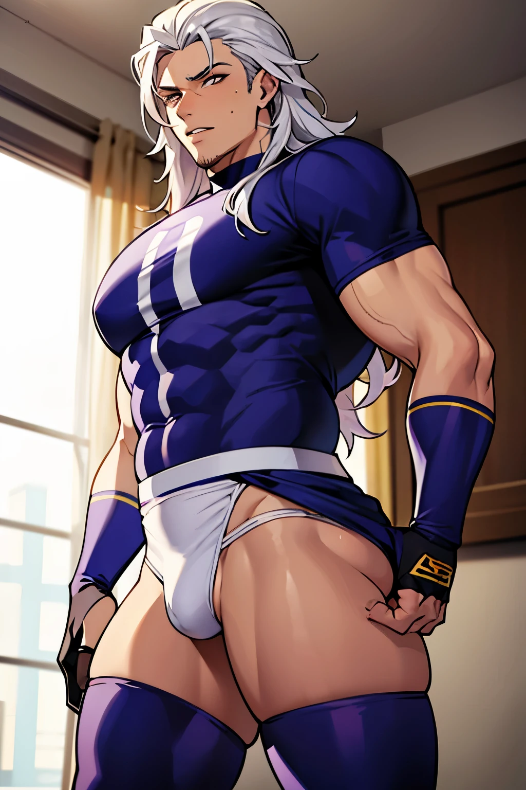 1 man with long curly white hair, silver hair, messy bangs, Sunkissed tan skin, purple magenta eyes, handsome, gloves, earrings, veins on arms and hands, sweaty skin, American football player, tight football uniform, on football field, white happy trail, big pectorals, abs, plump ass, narrow waist, Cinematic lighting, hyper HD, close up, bust up, Masterpiece, High details, ((sexy dynamic pose))