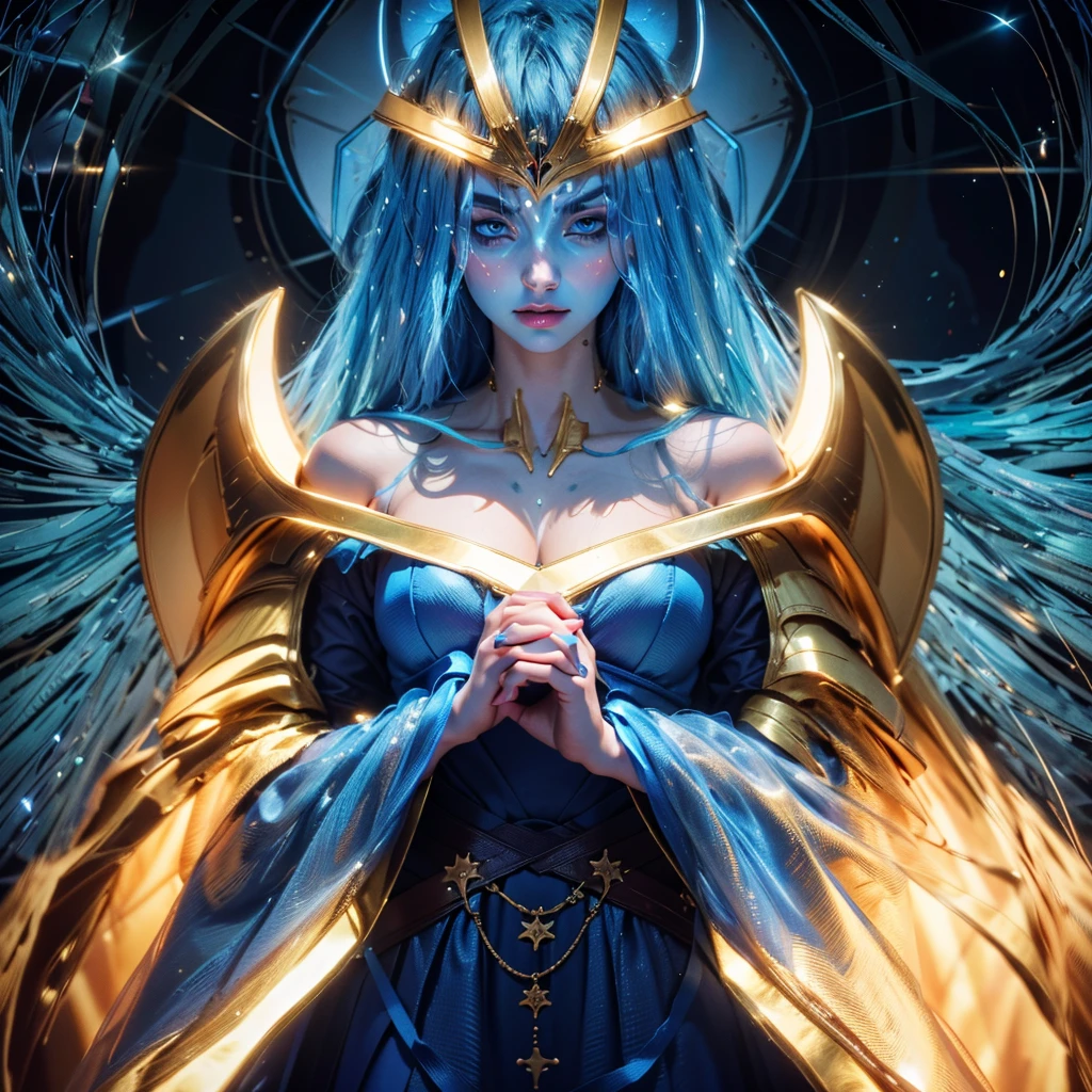 (8k, Foto RAW, melhor qualidade, senhor:1.2), (Realistic, photo-Realistic:1.37) uma imagem dos desenhos animados de uma mulher com cabelo longo e um vestido azul, feiticeira, Obra-prima Deusa da Tristeza, Nos, sacerdotisa, godess do mal, high sacerdotisa, jellyfish sacerdotisa, mystical atlantean valkyrie, portrait knights of zodiac girl, knights of zodiac girl, feiticeira, Vincent di Fate Nausicaa, SEIOS FARTOS, SEIOS GRANDE, PEITO GRANDE, SEIOS QUENTES, ((BLUE SKIN))
