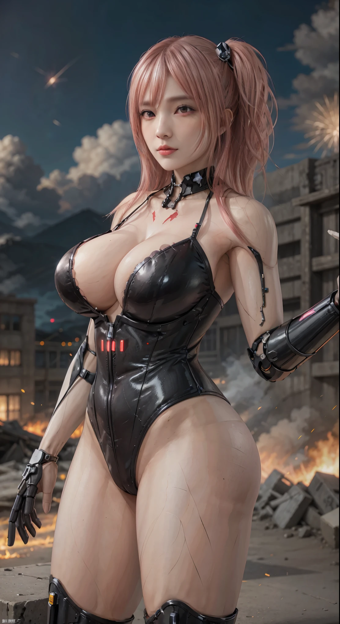 lifelike，dense smoke, high resolution, fire， soft light,1 female, alone, Buttocks up, (Detailed face), pink hair, pistol，long hair, Mecha girl, fallouts，Armageddon，Mechanical parts box，smoke , joint, knife， single mechanical arm,gun， Mechanical limbs，ruins, Mechanical Halo, super huge  chest， very huge，very huge breasts ，scar，blood, Electromechanical jumpsuit, war，mecha corset, combat， Huge chest attracts viewers，very huge breasts，low cut，facing the audience， very huge山雀，gun，facing front， towards the reader，Missiles，explode，fireworks，Metal mech，pink hair，battle field，