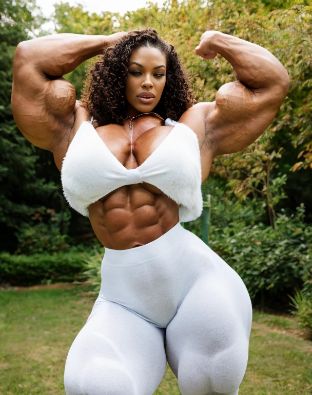 Scary spice, Liz Cambage,  Generate a full length fashion portrait of a heavily muscled iff pro female bodybuilder , her makeup, hair, she  dressed in a tight fluffy woolen sweater, tight miniskirt, white knee high socks, lighting, environment