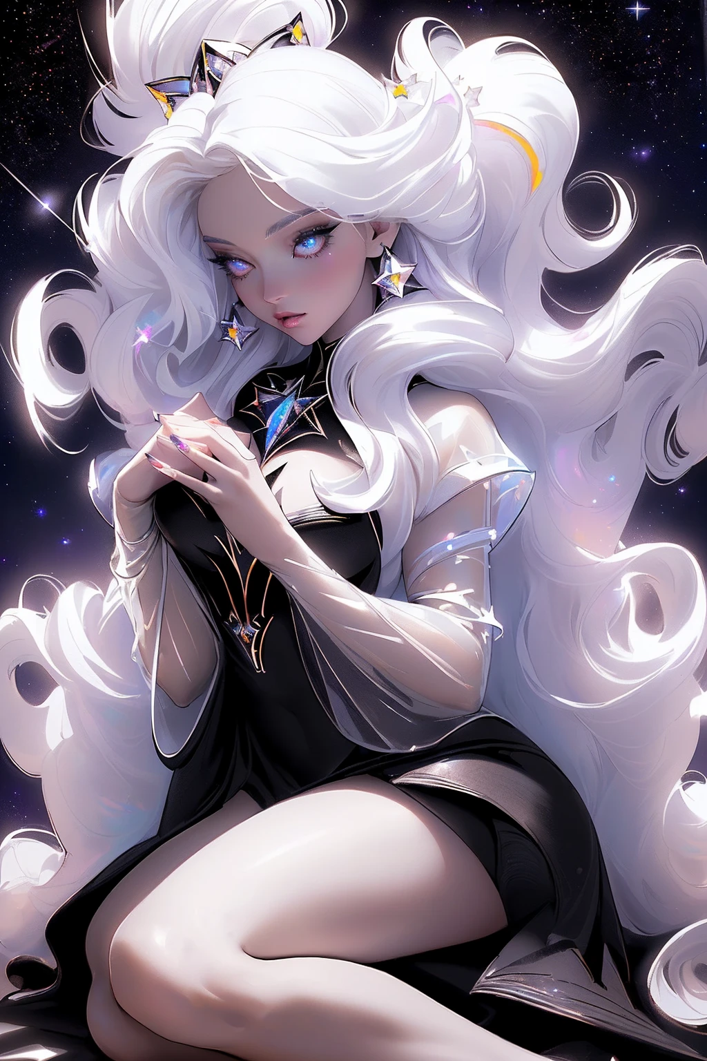 {-erro_de_anatomia:1.0} masterpiece, highest quality, (perfect face:1.1, (high detail)1.1, sweet stardust vampire , long soft white hair, opal eyes, perfectly drawn face, black dress, stars detailed background, prismatic lighting, glitter, whole bod., Very sexy, kneeling holding a star in her hands