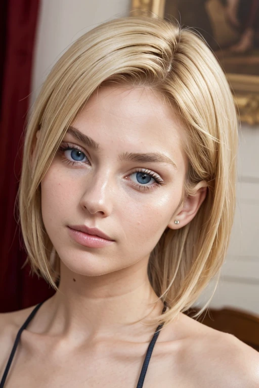 Portrait of a European girl,One,20 years,Beautiful face,Upper body,Hair over one eye,Middle side cut, blonde hair, Sharp Focus, No make up, At home