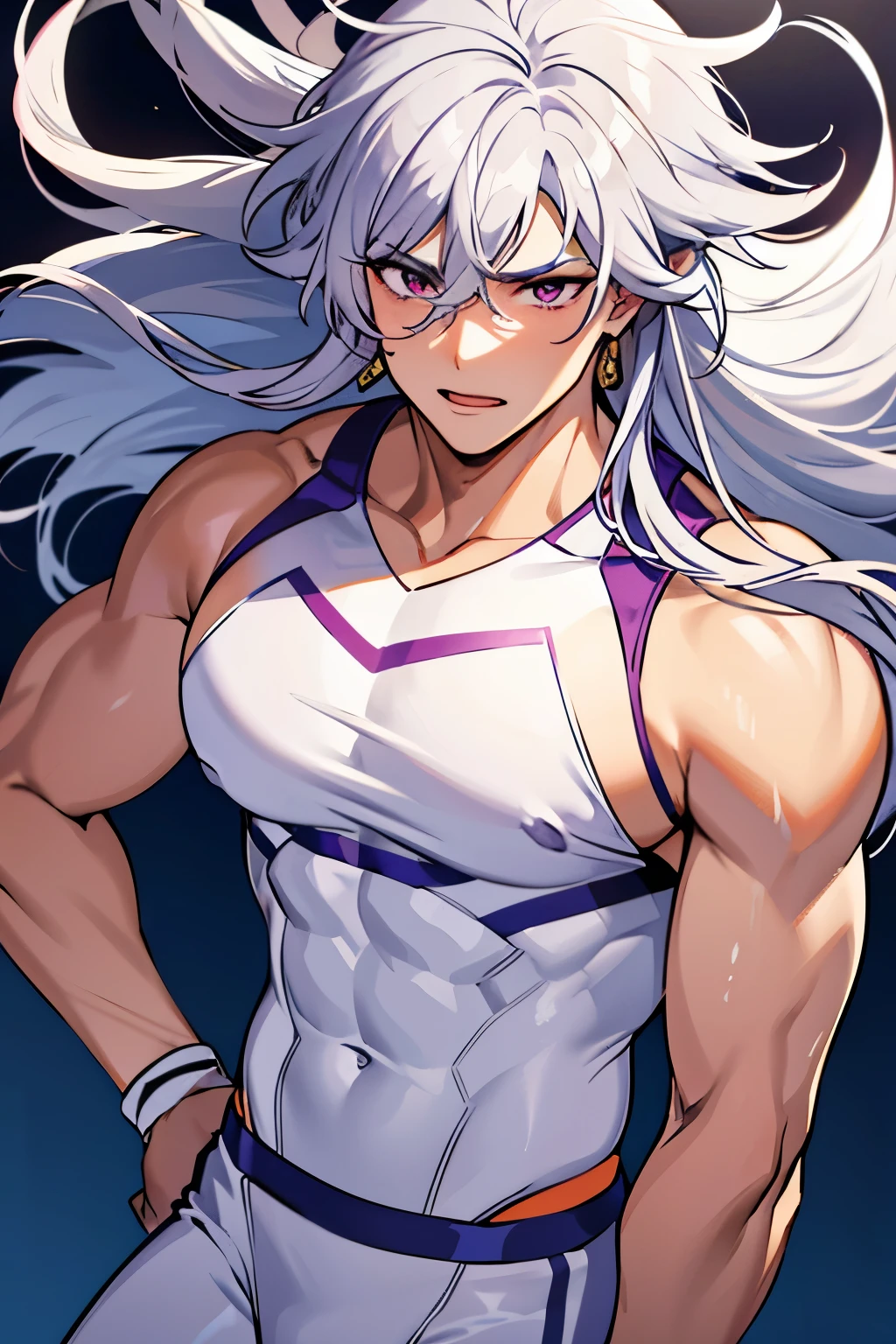 1 man with long curly white hair, silver hair, messy bangs, Sunkissed tan skin, purple magenta eyes, handsome, gloves, earrings, veins on arms and hands, sweaty skin, American football player, tight football uniform, on football field, white happy trail, big pectorals, abs, plump ass, narrow waist, Cinematic lighting, hyper HD, close up, bust up, Masterpiece, High details, ((sexy dynamic pose))