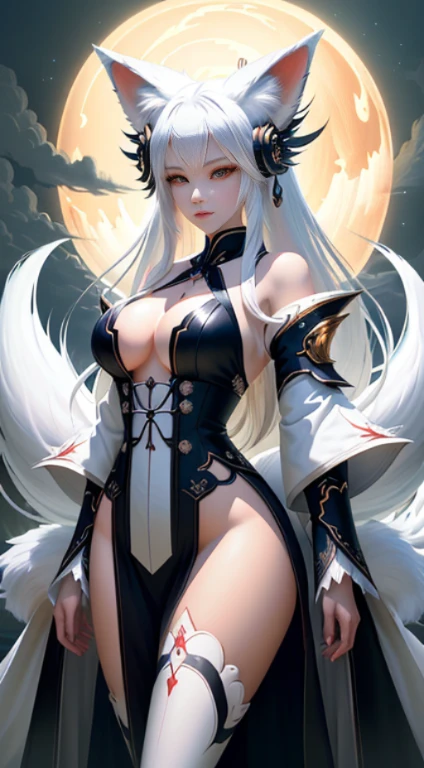 (Fox ears white haired woman)，full bodyesbian，Painting of a girl fox with white hair，ethereal fox，nine tail fox，Fox three-tailed fox，Boobs large, breasts perfect large, Onmyoji detailed art，Nine tails，A beautiful artwork illustration，mythological creatures，red fox，Combat posture，Beautiful digital artwork，Exquisite digital illustration，mizutsune , Inspired by the mythical creature wildnet，Digital art on Pixiv，strong lights，hight contrast，Horror movie theme，Dark atmosphere