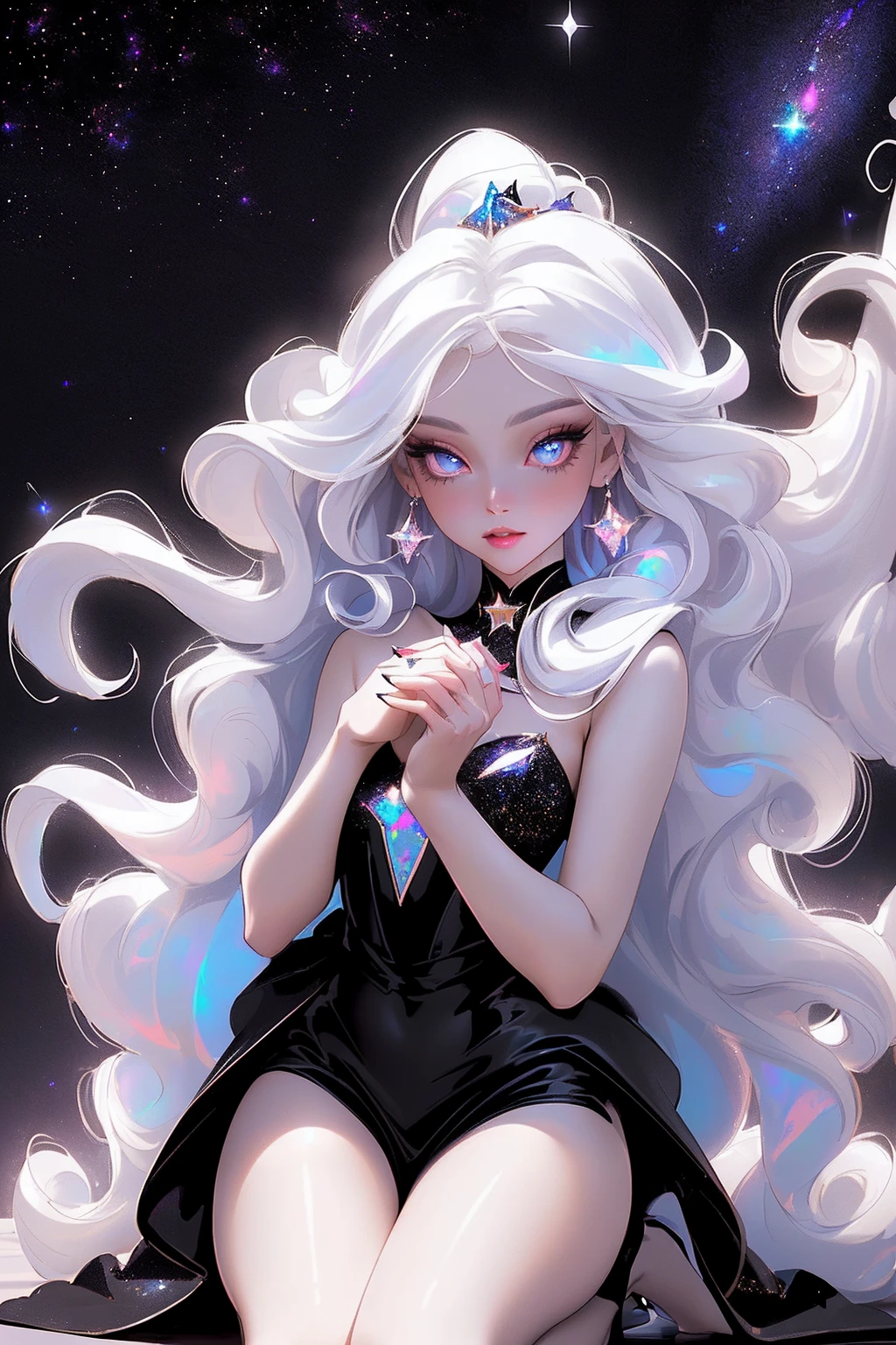 {-erro_de_anatomia:1.0} masterpiece, highest quality, (perfect face:1.1, (high detail)1.1, sweet stardust vampire , long soft white hair, opal eyes, perfectly drawn face, black dress, stars detailed background, prismatic lighting, glitter, whole bod., Very sexy, kneeling holding a star in her hands