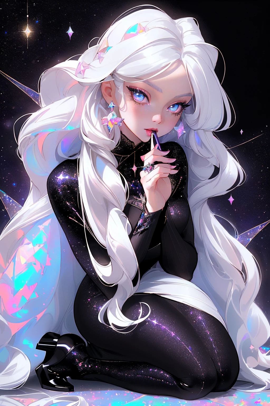 {-erro_de_anatomia:1.0} masterpiece, highest quality, (perfect face:1.1, (high detail)1.1, sweet stardust vampire , long soft white hair, opal eyes, perfectly drawn face, black dress, stars detailed background, prismatic lighting, glitter, whole bod., Very sexy, kneeling holding a star in her hands