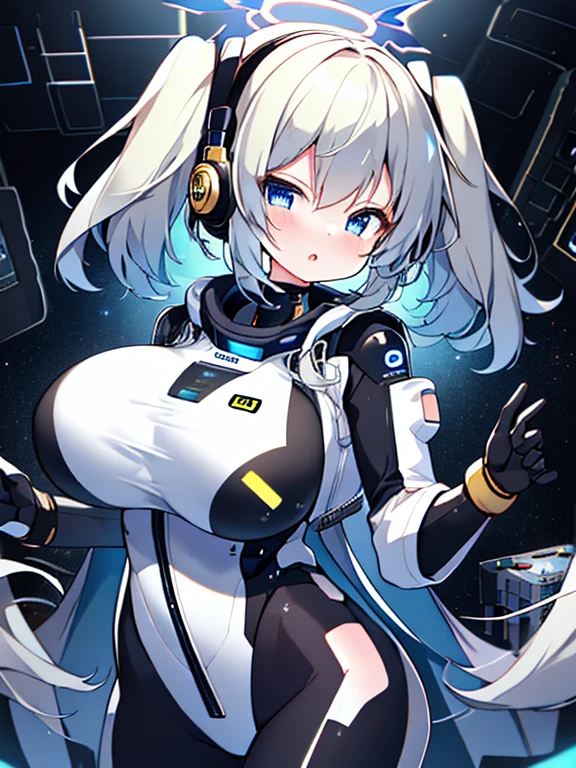 very detailed、masterpiece、high quality、one high school girl、、Loli、(black and white space suit、accent)、front zipper、(Futuristic, Tight Fit Bodysuit)、headphone、Cyberpunk space station interior background、(colorful golden hair),ロングtwin tails, (blue eyes), change,twin tails,sassy change，cheey change，mesugaki,girl,天才girl、(big breast):1.0,(blush):1.1、halo、