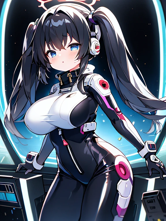 very detailed、masterpiece、high quality、one high school girl、、Loli、(black white space suit、accent)、front zipper、(Futuristic, Tight Fit Bodysuit)、headphone、Cyberpunk space station interior background、(colorful golden hair),ロングtwin tails, (blue eyes), change,twin tails,sassy change,cheey change,mesugaki,girl,天才girl、(big breast):1.0,(blush):1.1、halo、