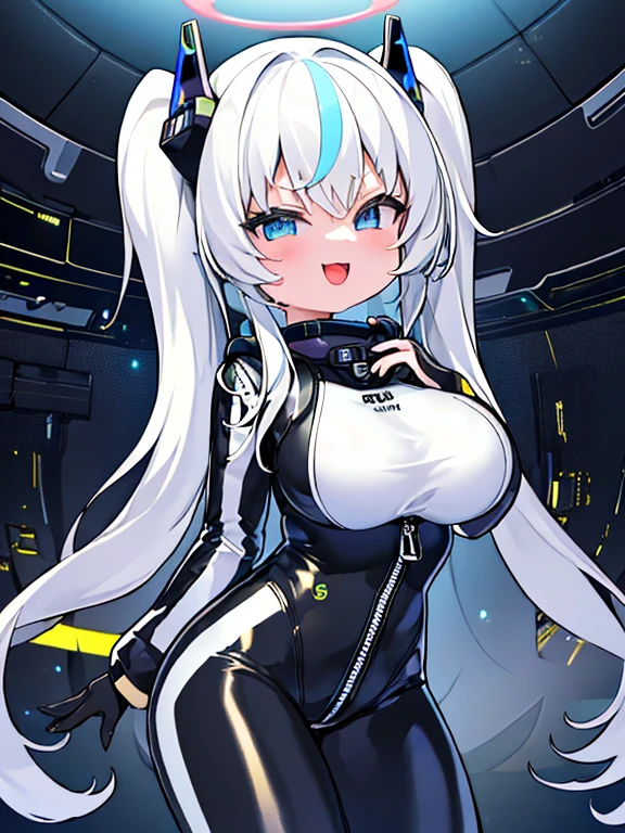 very detailed、masterpiece、high quality、one high school girl、、Loli、(black white space suit、accent)、front zipper、(Futuristic, Tight Fit Bodysuit)、headphone、Cyberpunk space station interior background、(colorful golden hair),ロングtwin tails, (blue eyes), change,twin tails,sassy change,cheey change,mesugaki,girl,天才girl、(big breast):1.0,(blush):1.1、halo、