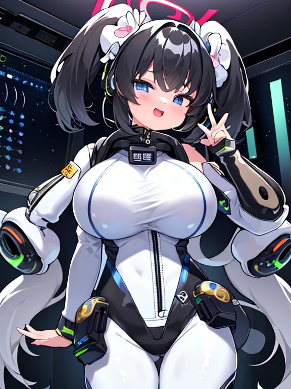 very detailed、masterpiece、high quality、one high school girl、************、****、(black and white space suit、accent)、front zipper、(Futuristic, Tight Fit Bodysuit)、headphone、Cyberpunk space station interior background、(colorful golden hair),ロングtwin tails, (blue eyes), change,twin tails,sassy change，cheey change，mesugaki,girl,天才girl、(big breast):1.0,(blush):1.1、halo、