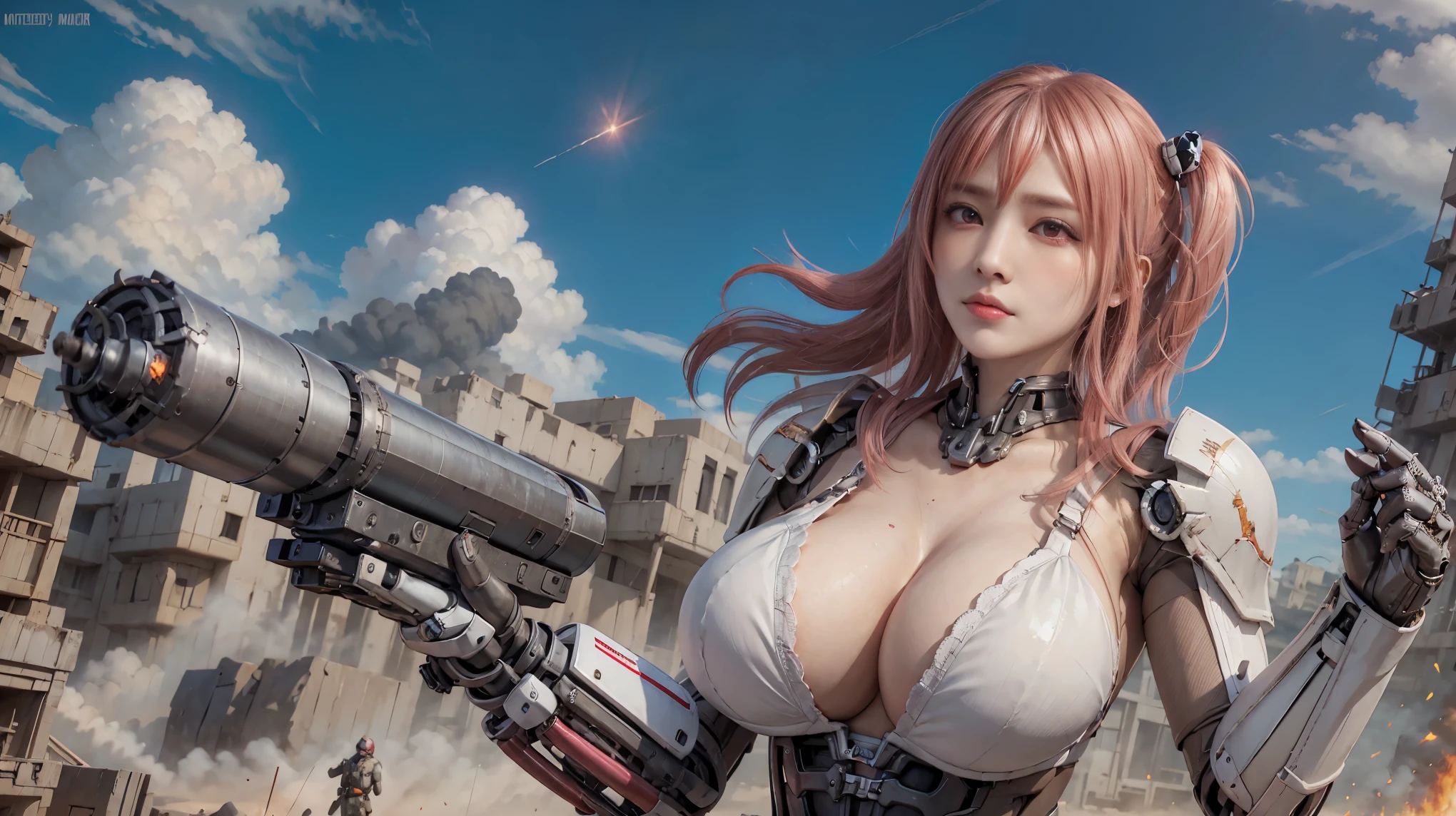 lifelike,dense smoke, high resolution, fire, soft light,1 female, alone, Buttocks up, (Detailed face), pink hair, pistol,long hair, Mecha girl, fallouts,Armageddon,Mechanical parts box,smoke , joint, knife, single mechanical arm,gun, Mechanical limbs,ruins, Mechanical Halo, super huge chest, very huge,very huge breasts ,scar,blood, Electromechanical jumpsuit, war,mecha corset, combat, Huge chest attracts viewers,very huge breasts,low cut,facing the audience, very huge山雀,gun,facing front, towards the reader,Missiles,explode,fireworks,Metal mech,pink hair,battle field,