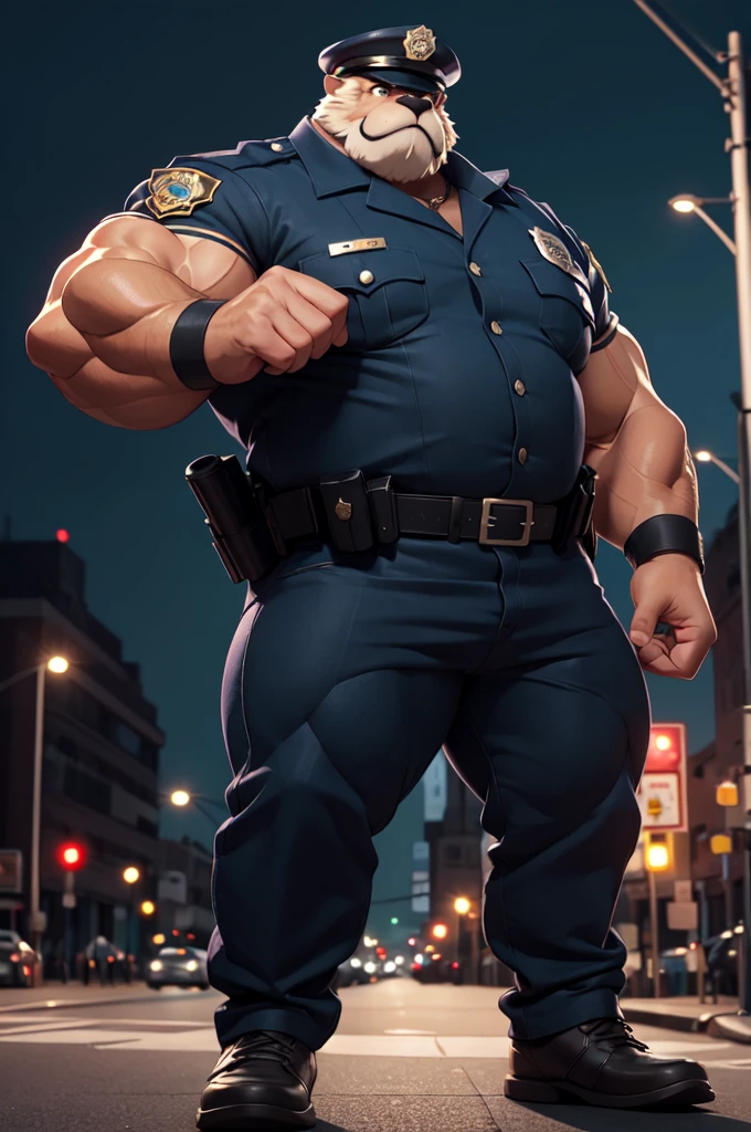 A huge muscular old anthro furry bear, muscular arms, muscular legs, tall and imposing stature, wearing a police uniform, with a stern and intimidating expression on his face. Detailed facial features, including a strong jawline, thick eyebrows. The police uniform is crisp and well-fitted, with a metal badge and shiny buttons. The scene is set in a bustling city street, with the old man standing tall and commanding respect. The lighting is dramatic, casting bold shadows and highlighting the contours of his muscles. The color tone is dark and moody, enhancing the serious and authoritative atmosphere. The image quality is of the best quality, with high resolution and ultra-detailed features. The overall style is realistic and professional, capturing the essence of a strong and dedicated police officer.