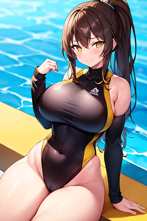 1girl, brown hair, ponytail, yellow eyes, smug, smirk, large breasts, wide hips, thick thighs, one-piece swimsuit, competition swimsuit, black one-piece swimsuit, black swimsuit, pool, yellow line, yellow trim, long sleeves, bare legs,