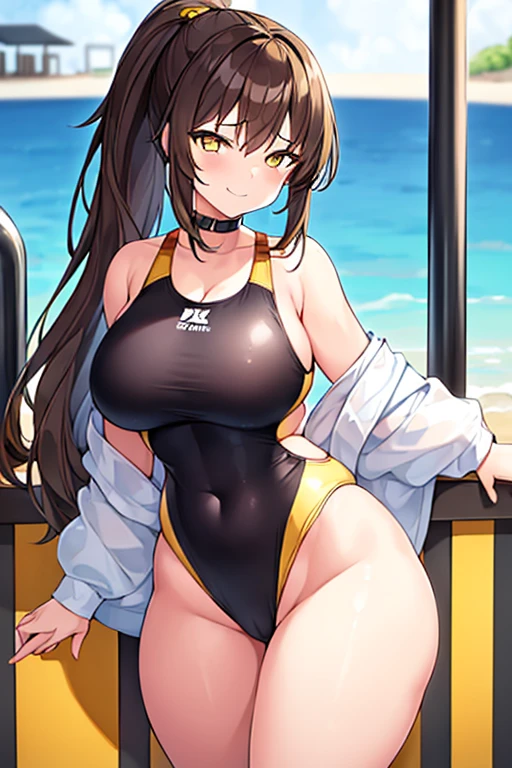 1girl, brown hair, ponytail, yellow eyes, smug, smirk, large breasts, wide hips, thick thighs, one-piece swimsuit, competition swimsuit, black one-piece swimsuit, black swimsuit, pool, yellow line, yellow trim, long sleeves, bare legs,