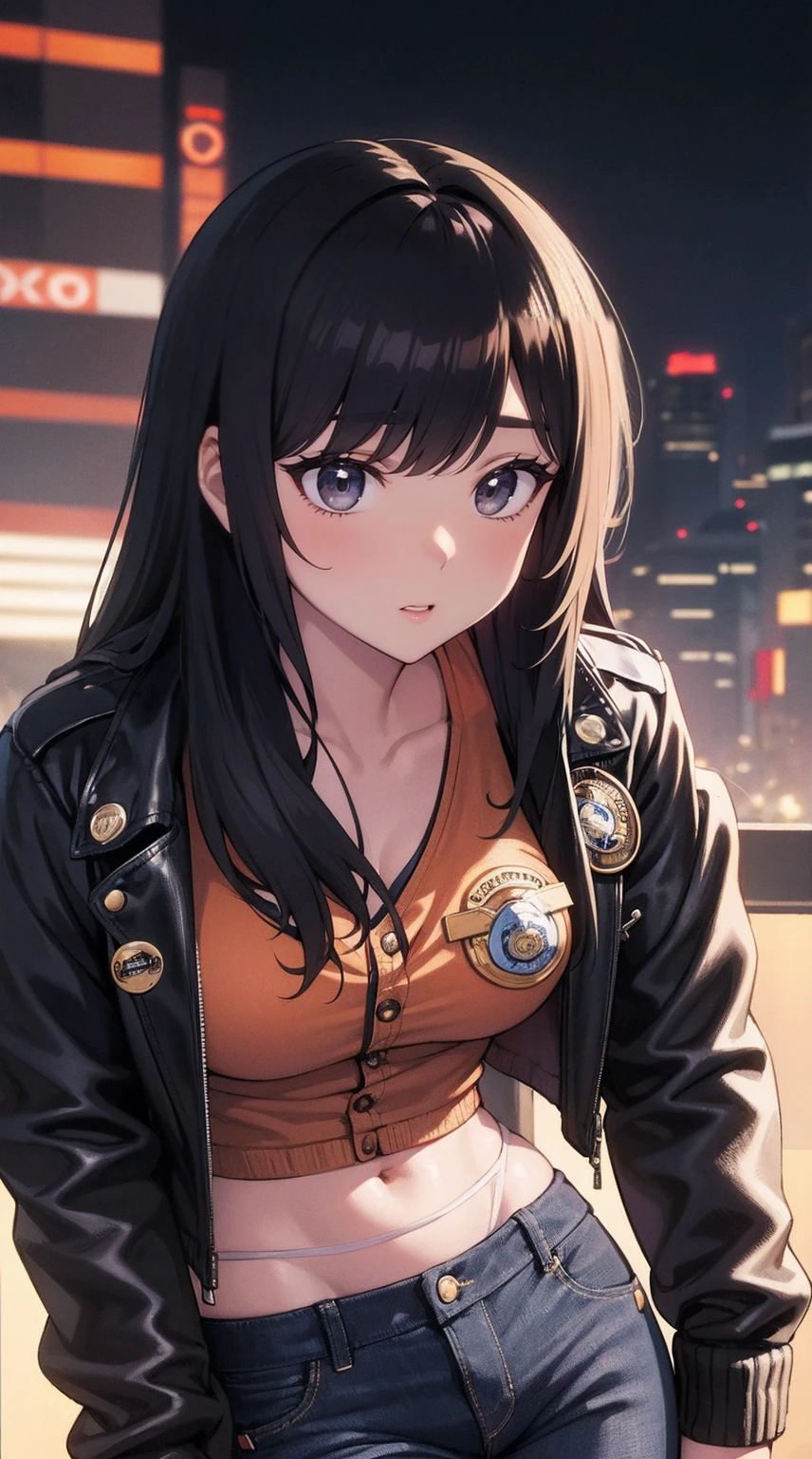 portrait of emb-haiz, pretty face, Cyberpunk city at night. She&#39;s wearing a cardigan leather jacket,underwear,  black jeans, dramatic lighting, (badge:1.2).