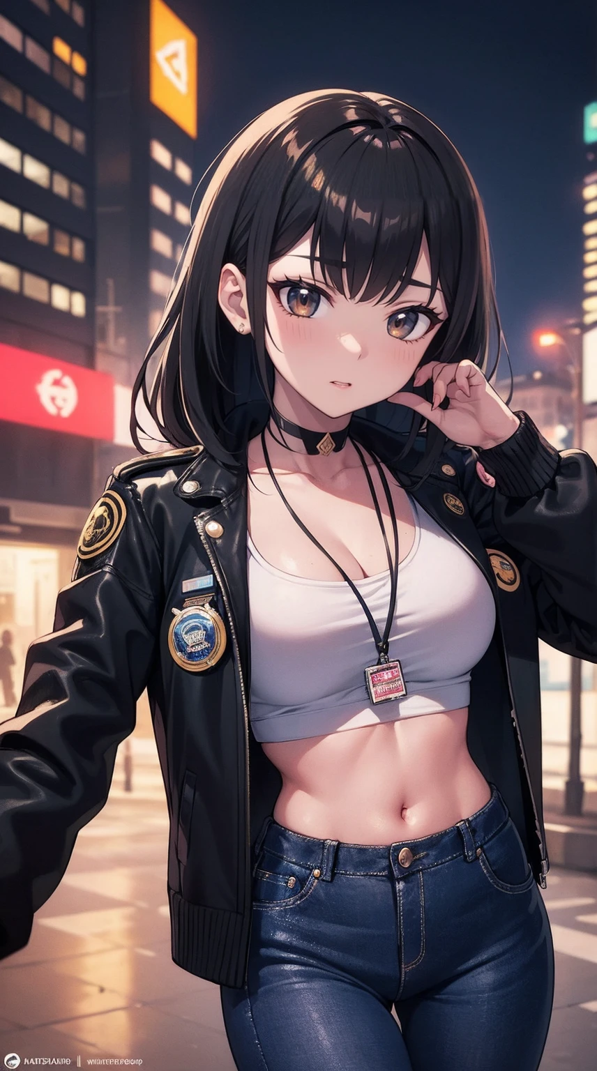 portrait of emb-haiz, pretty face, Cyberpunk city at night. She's wearing a cardigan leather jacket,underwear, black jeans, dramatic lighting, (badge:1.2).