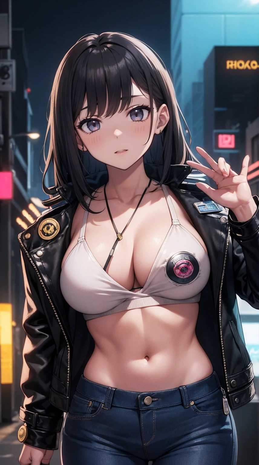 portrait of emb-haiz, pretty face, Cyberpunk city at night. She&#39;s wearing a cardigan leather jacket,underwear,  black jeans, dramatic lighting, (badge:1.2).