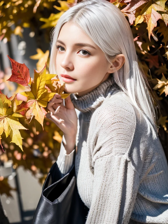 8K, highest quality, RAW photo, ultra high resolution cool beauty beautiful butt huge breastsの谷間 thin eyebrows huge breasts silver hair silver blonde gray hair 2 limbs alone Make the nose smaller droopy eyes glamorous mouth Light pink knitwear Black leather long skirt Long boots in white black long coat Autumn foliage picking elf ears Autumn leaves blizzard