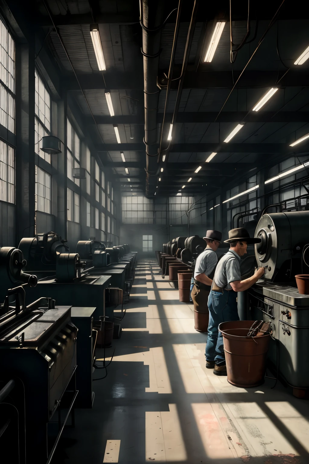 In a 1900s industrial space, a robust worker clad in grease-stained overalls and a battered hat stands before an intricately machined engine. The room is filled with the hum of gears and the faint glow of flickering light bulbs. The air is thick with the scent of oil and industrial grit. Every detail is meticulously rendered, from the textured metal surfaces to the intricate mechanisms of the machinery. Soft streaks of sunlight filter in through the grimy windows, casting long, dramatic shadows on the weathered concrete floor. The scene is evocative of the steadfast resilience and innovation of the industrial age. (realistic, high-definition,