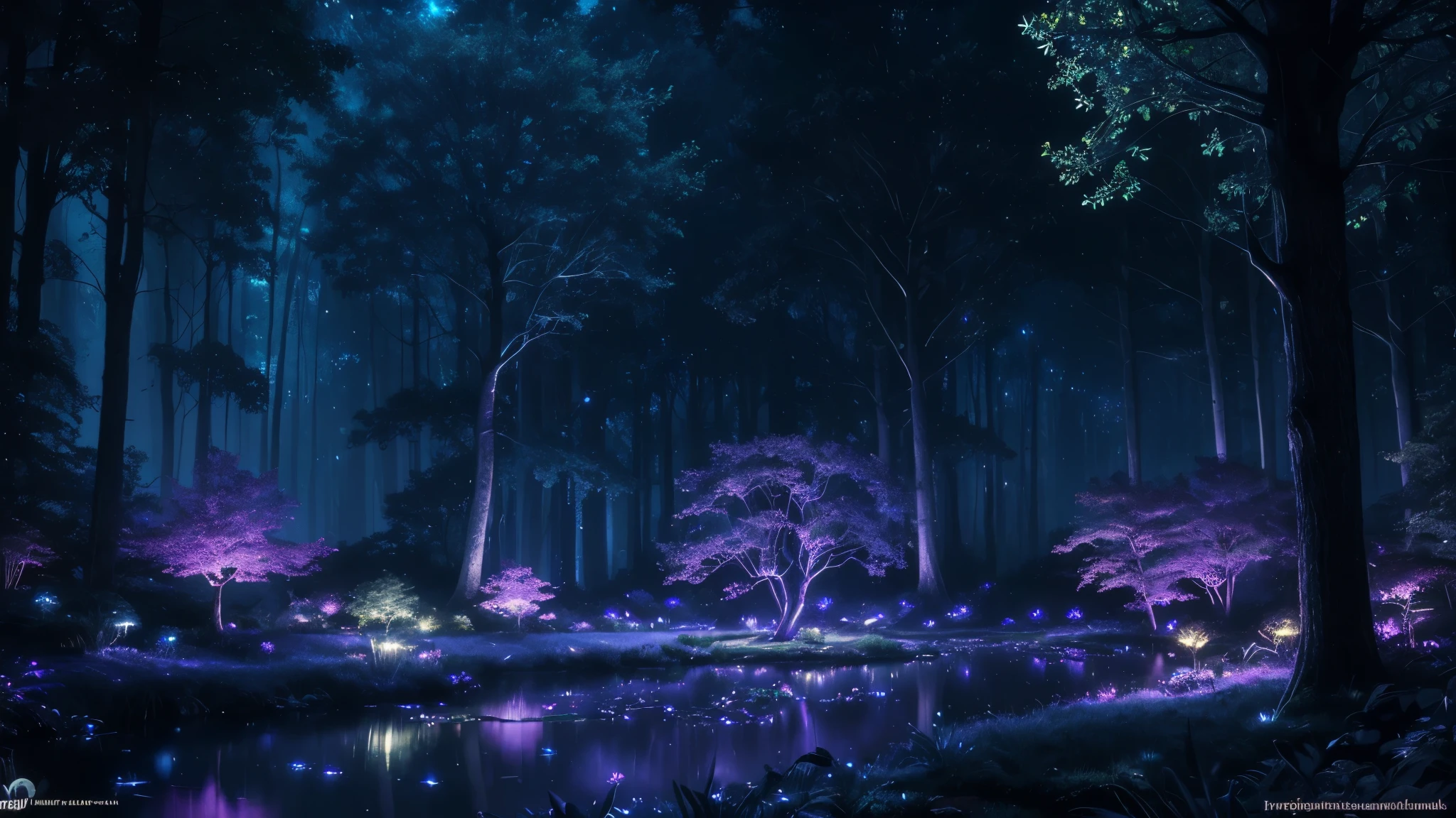 (best quality,ultra-detailed,realistic:1.37),magical, ethereal, night, vibrant plants, mystical atmosphere, glowing plants, fireflies, enchanting atmosphere, dark backgrounds, dark purple blue colour scheme, forest at night, tree of life, glowing river, fantasy