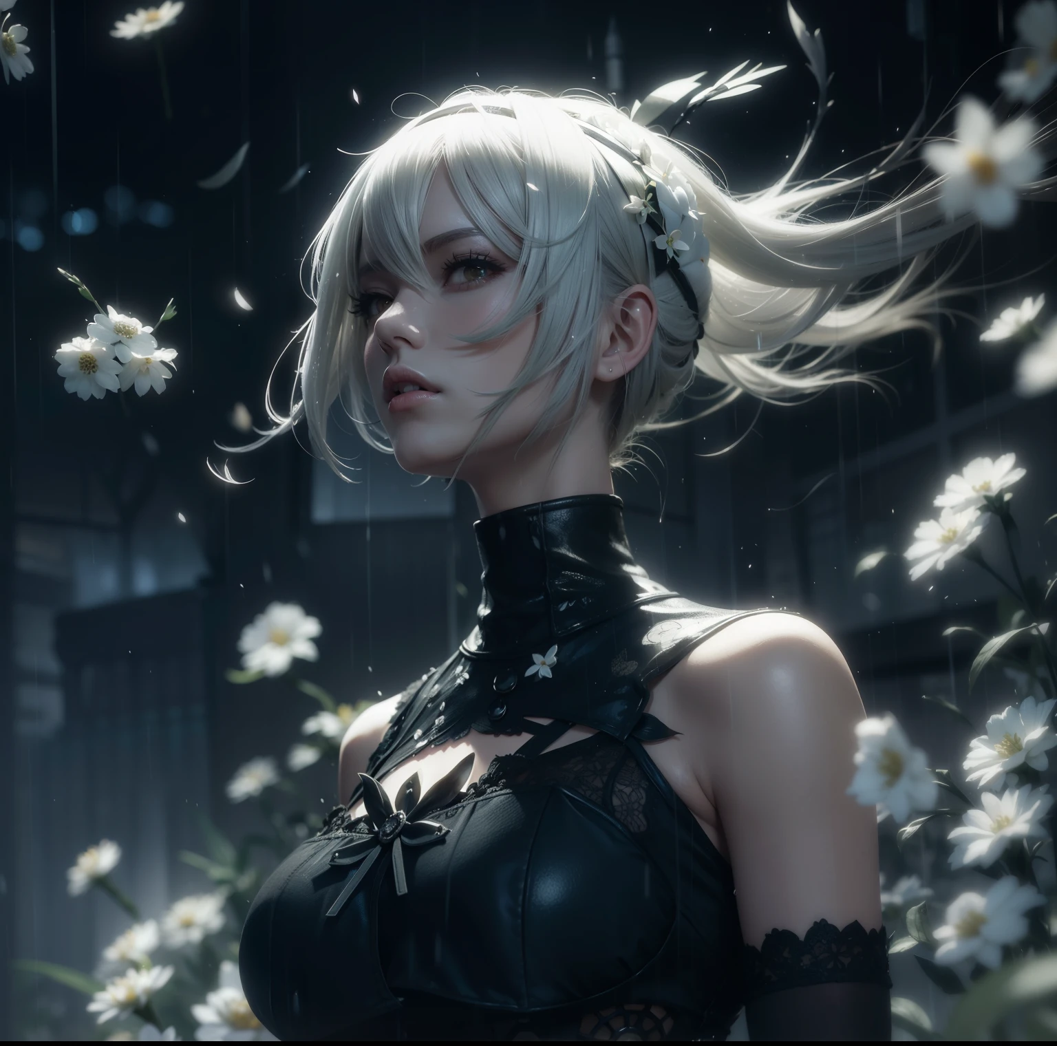 Beauty girl in Nier Automata style with rain & white flowers