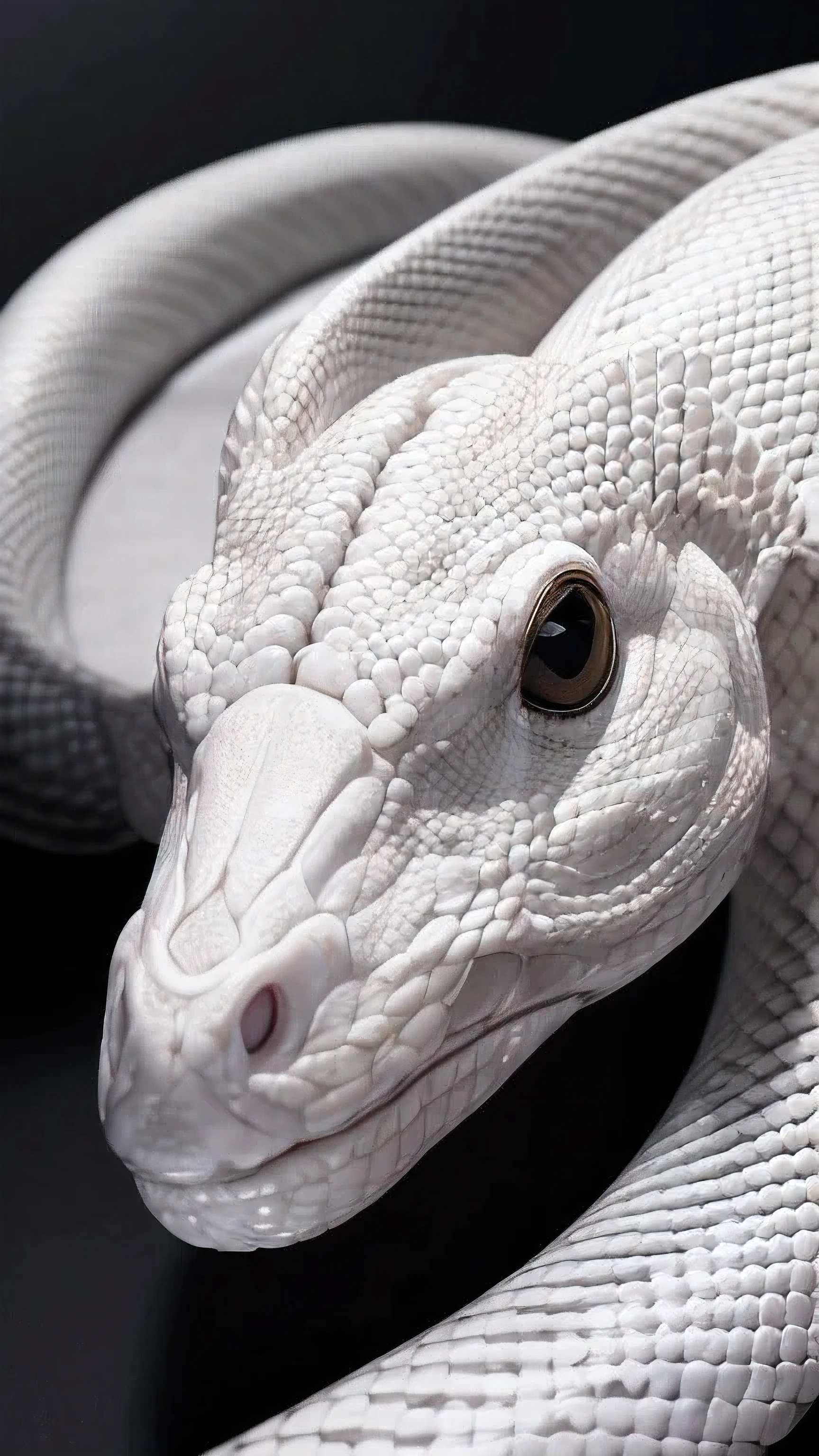 masterpiece, highest quality, 8K, 4K, A White Snake, black eye, temple, front図ing, front図, front, head shot, one head, pure white snake, Only snakes