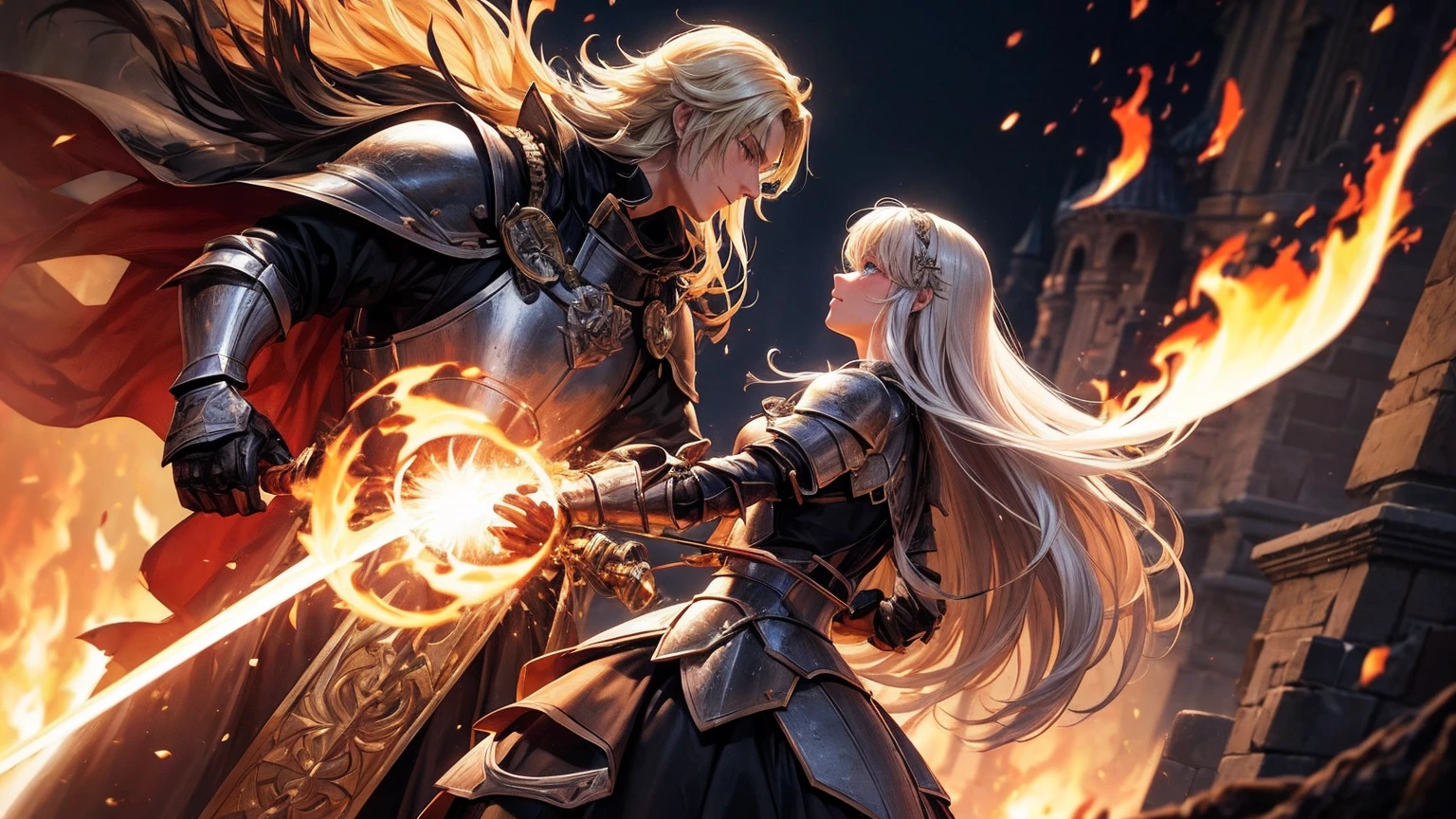 masterpiece,best quality,ultra detailed, (1 short haired Male Knight, half-smile:0.9, he is Equipping a burning sword), (1 long haired Female Knight, full lips:0.7, she is crying), (((full body shot))), blonde hair,(straight hair),(fire:1.4),darksouls, castle town, (speed lines:1.4), blue eyes, (Lens Flare:1.1), (Burning-Edge:1.2), (((eye contact:1.1))), (((open mouth:0.5)))