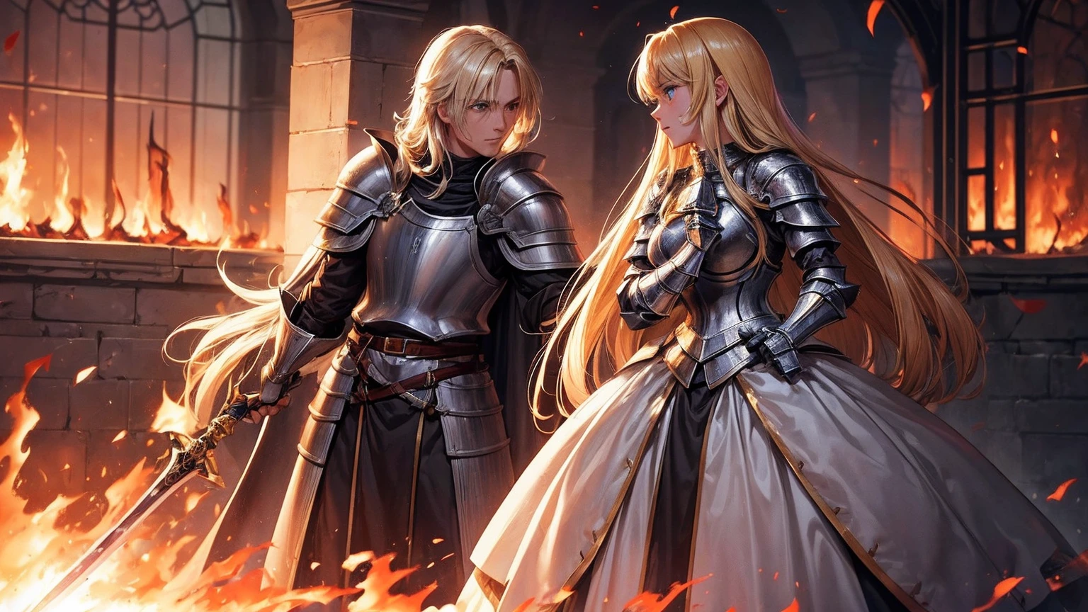 masterpiece,best quality,ultra detailed, (1 short haired Male Knight, half-smile:0.9, he is Equipping a burning sword), (1 long haired Female Knight, full lips:0.7, she is crying), (((full body shot))), blonde hair,(straight hair),(fire:1.4),darksouls, castle town, (speed lines:1.4), blue eyes, (Lens Flare:1.1), (Burning-Edge:1.2), (((eye contact:1.1))), (((open mouth:0.5)))