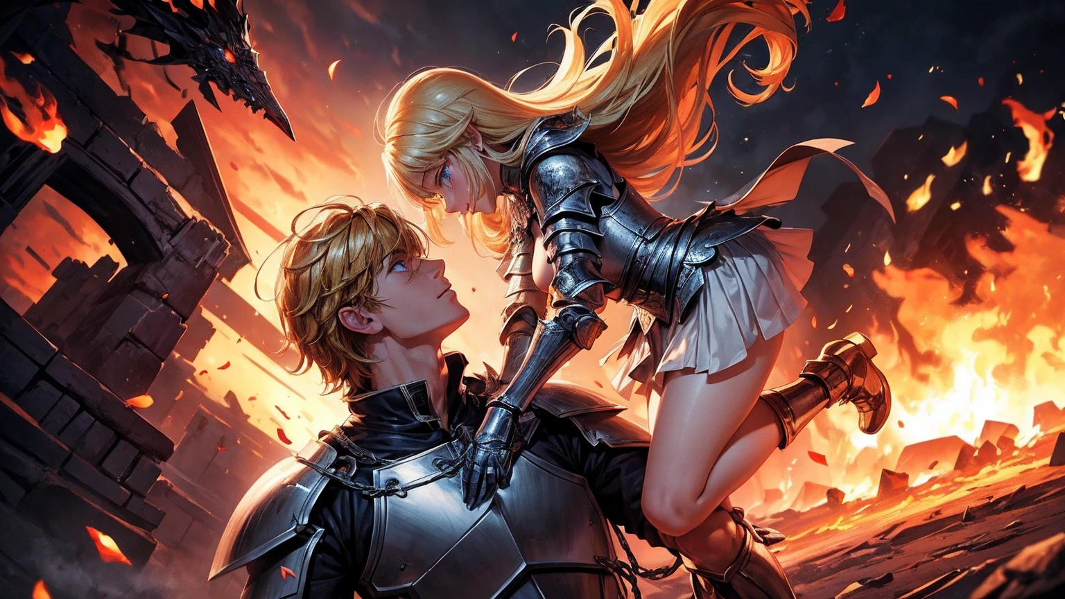 masterpiece,best quality,ultra detailed, (1 short haired Male Knight, half-smile:0.9, he is Equipping a burning sword), (1 long haired Female Knight, full lips:0.7, she is crying), (((full body shot))), blonde hair,(straight hair),(fire:1.4),darksouls, castle town, (speed lines:1.4), blue eyes, (Lens Flare:1.1), (Burning-Edge:1.2), (((eye contact:1.1))), (((open mouth:0.5)))