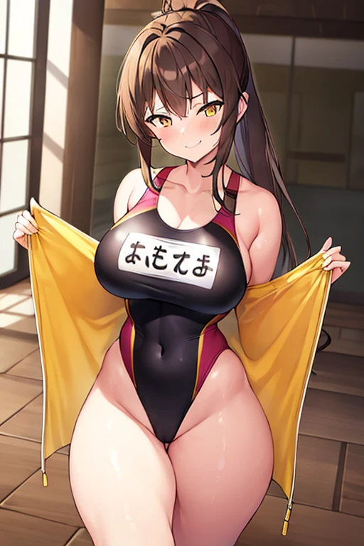 1girl, brown hair, ponytail, yellow eyes, smug, smirk, large breasts, wide hips, thick thighs, one-piece swimsuit, competition swimsuit, black one-piece swimsuit, black swimsuit, pool, yellow line, yellow trim, long sleeves, bare legs, highleg swimsuit, highleg
