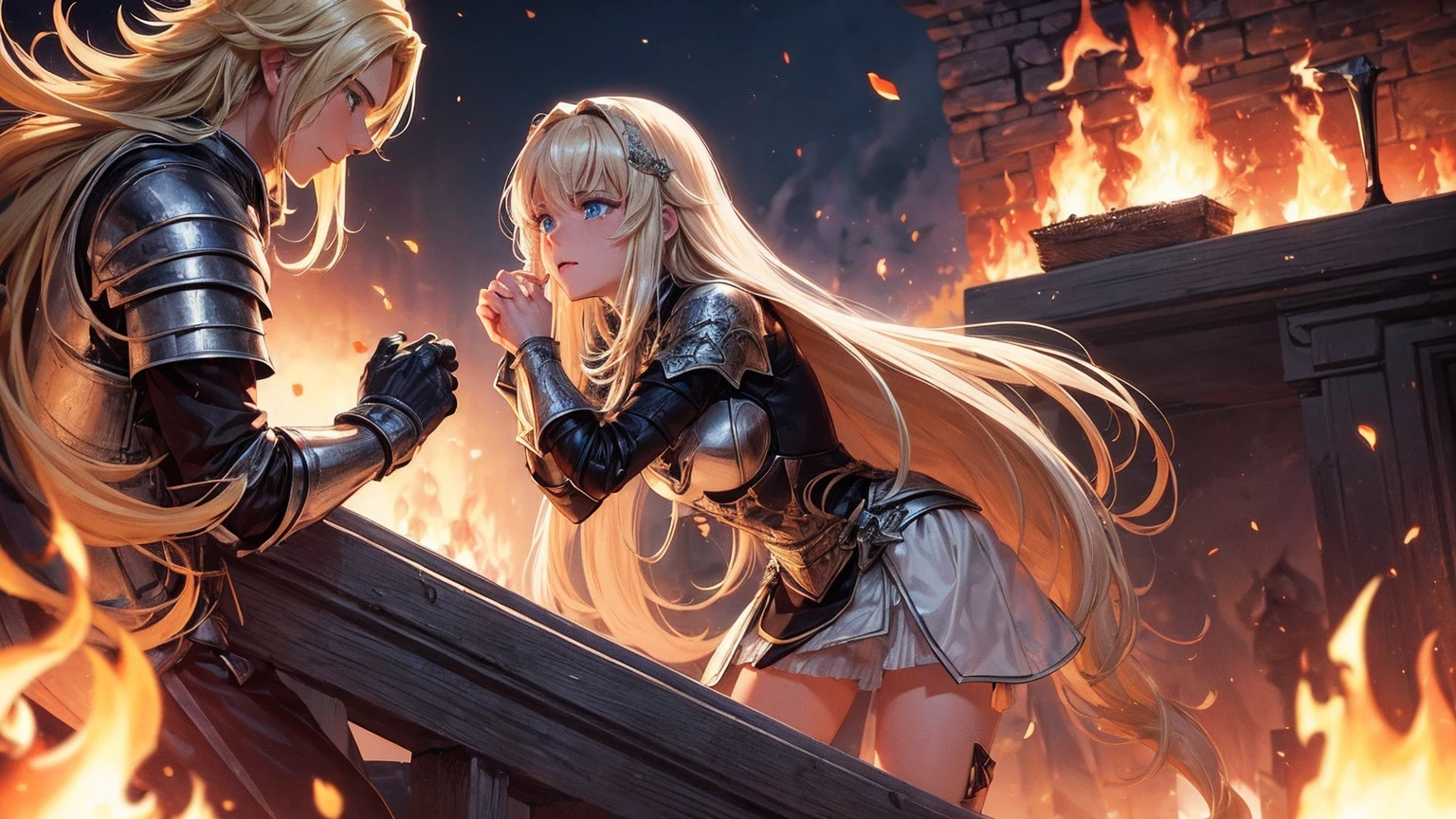 masterpiece,best quality,ultra detailed, (1 short haired Male Knight, half-smile:0.9, he is Equipping a burning sword), (1 long haired Female Knight, full lips:0.7, she is crying), (((full body shot))), blonde hair,(straight hair),(fire:1.4),darksouls, castle town, (speed lines:1.4), blue eyes, (Lens Flare:1.1), (Burning-Edge:1.2), (((eye contact:1.1))), (((open mouth:0.5)))